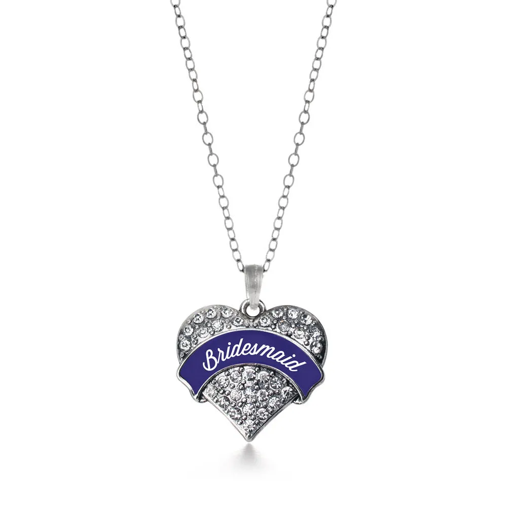 Silver Navy Blue Bridesmaid Pave Heart Charm Classic Necklace