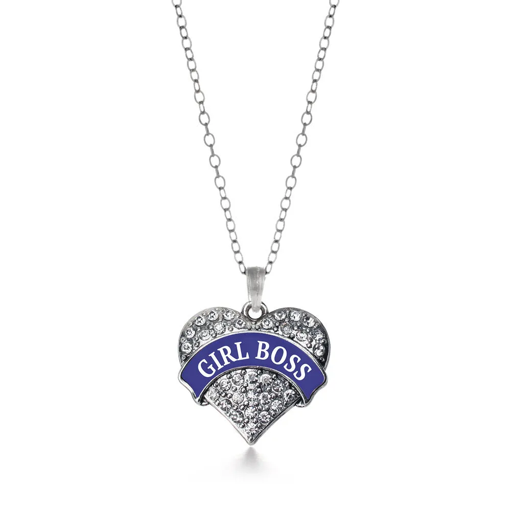 Silver Navy Blue Girl Boss Pave Heart Charm Classic Necklace