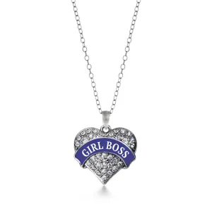 Silver Navy Blue Girl Boss Pave Heart Charm Classic Necklace