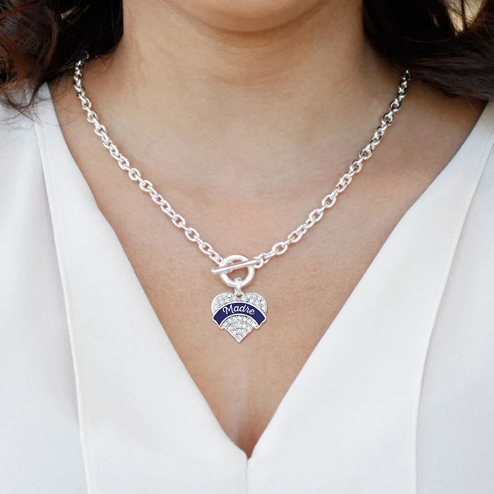 Silver Navy Blue Madre Pave Heart Charm Toggle Necklace