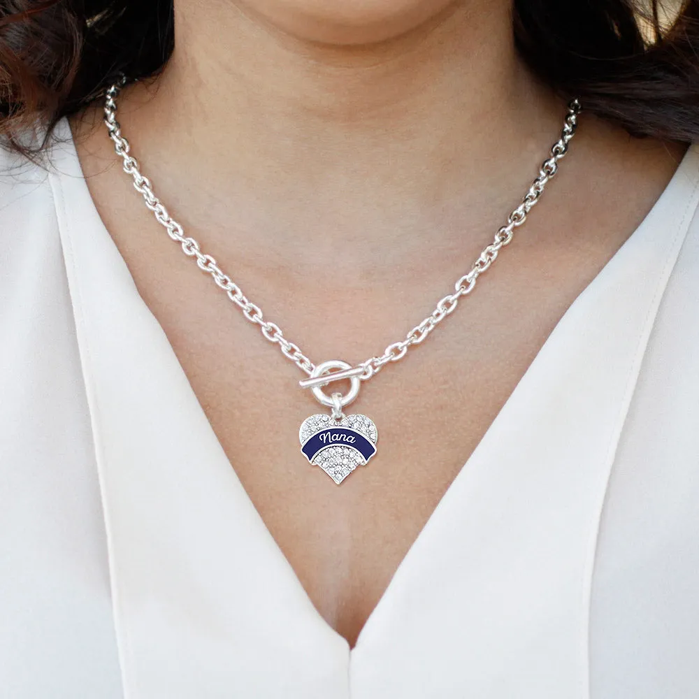 Silver Navy Blue Nana Pave Heart Charm Toggle Necklace