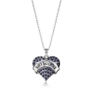 Silver Navy Daughter Blue Pave Heart Charm Classic Necklace