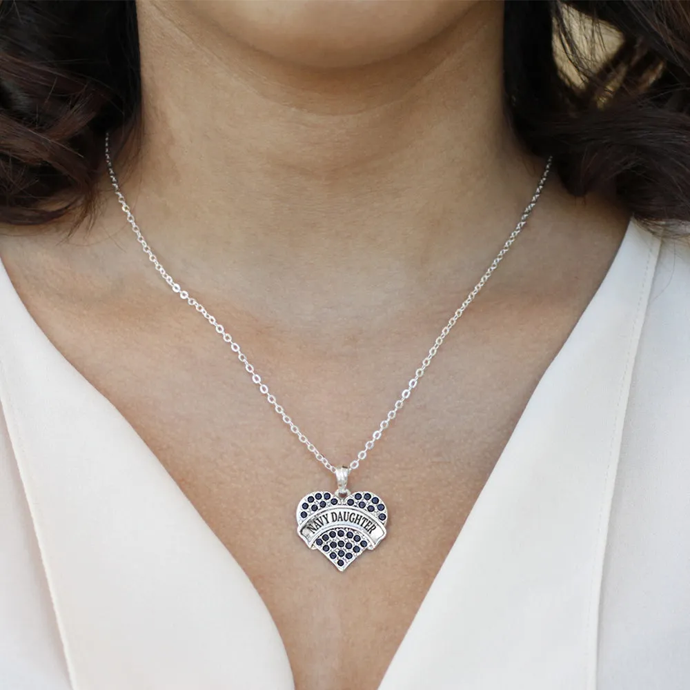 Silver Navy Daughter Blue Pave Heart Charm Classic Necklace