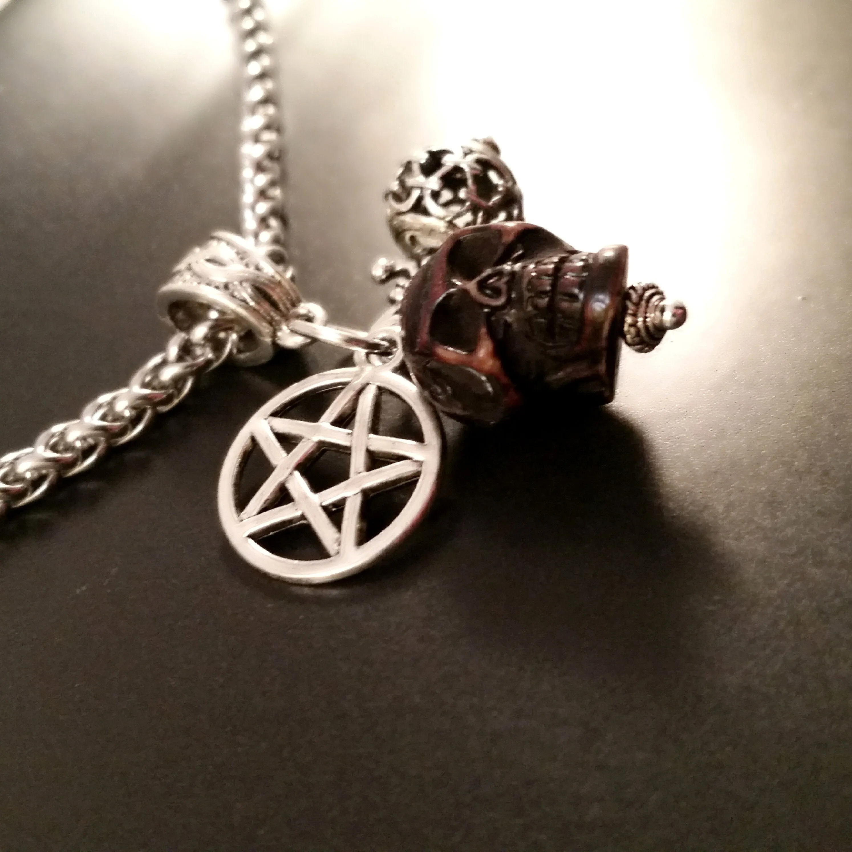 Skull Necklace Silver Pentagram Charm