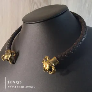 Skull Torc Necklace Gold Horned Brown Leather | Fenris