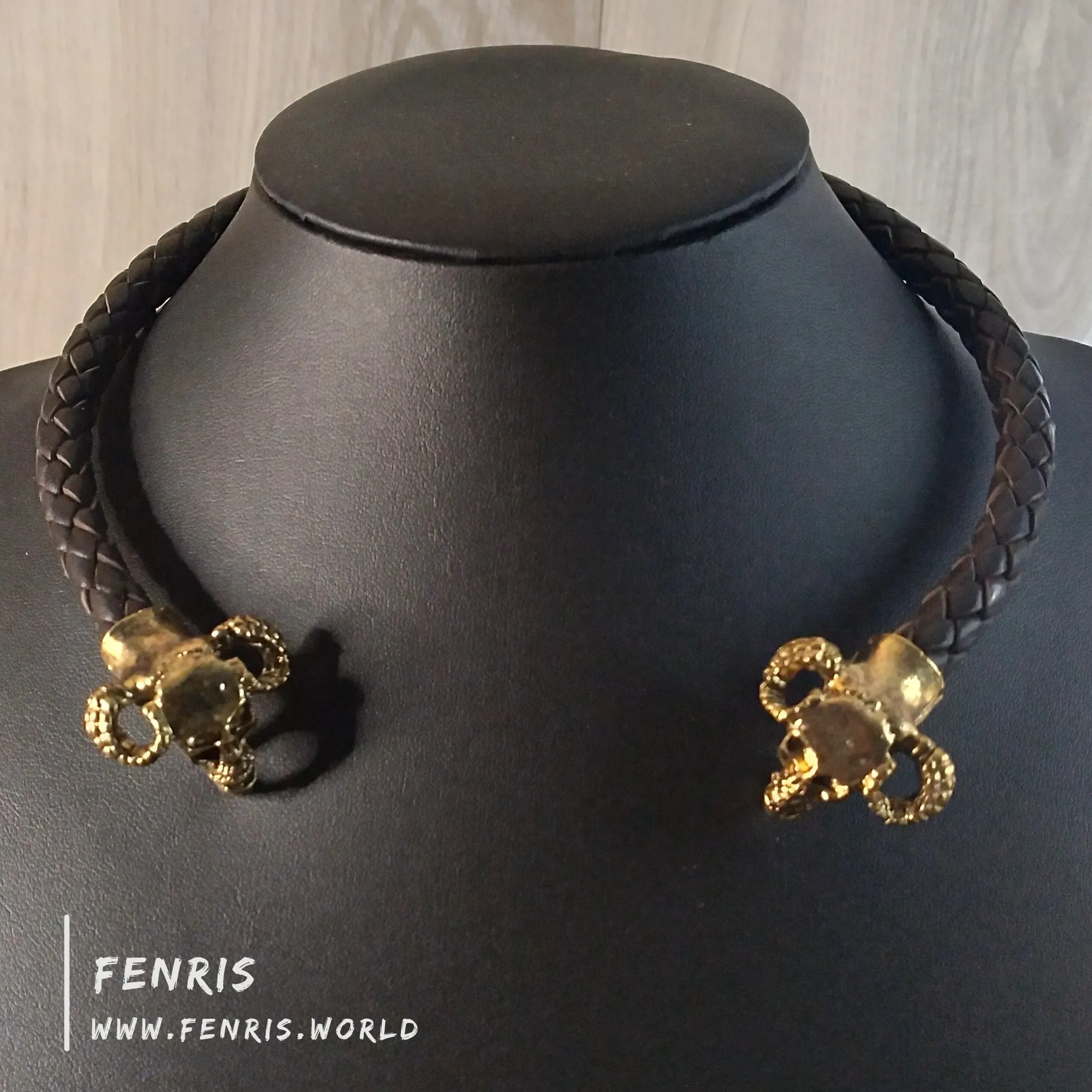 Skull Torc Necklace Gold Horned Brown Leather | Fenris