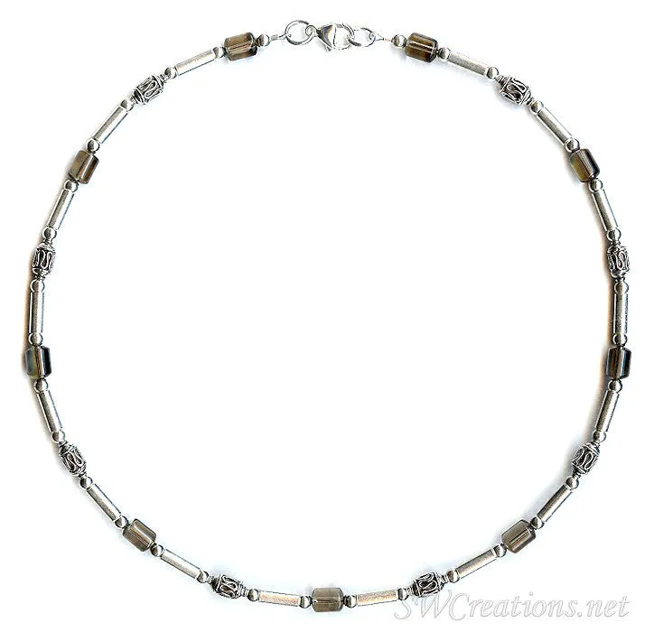 Smokey Quartz Gemstone Silver Men's Beaded Necklace 2