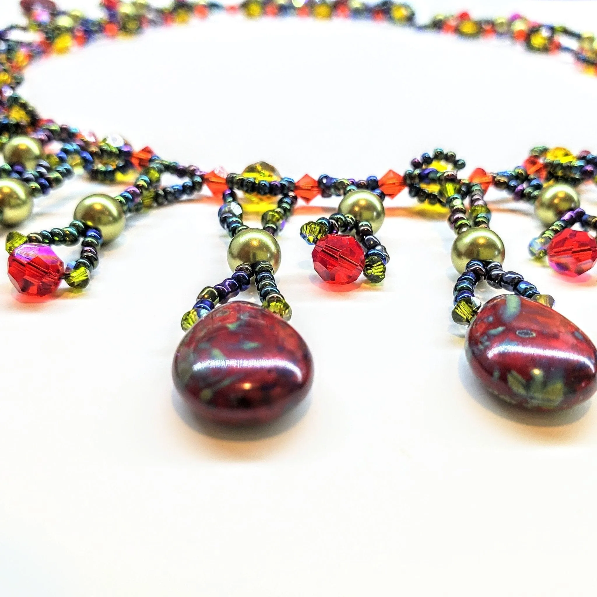 Sparkly Beaded Red and Green Waterfall Statement Necklace