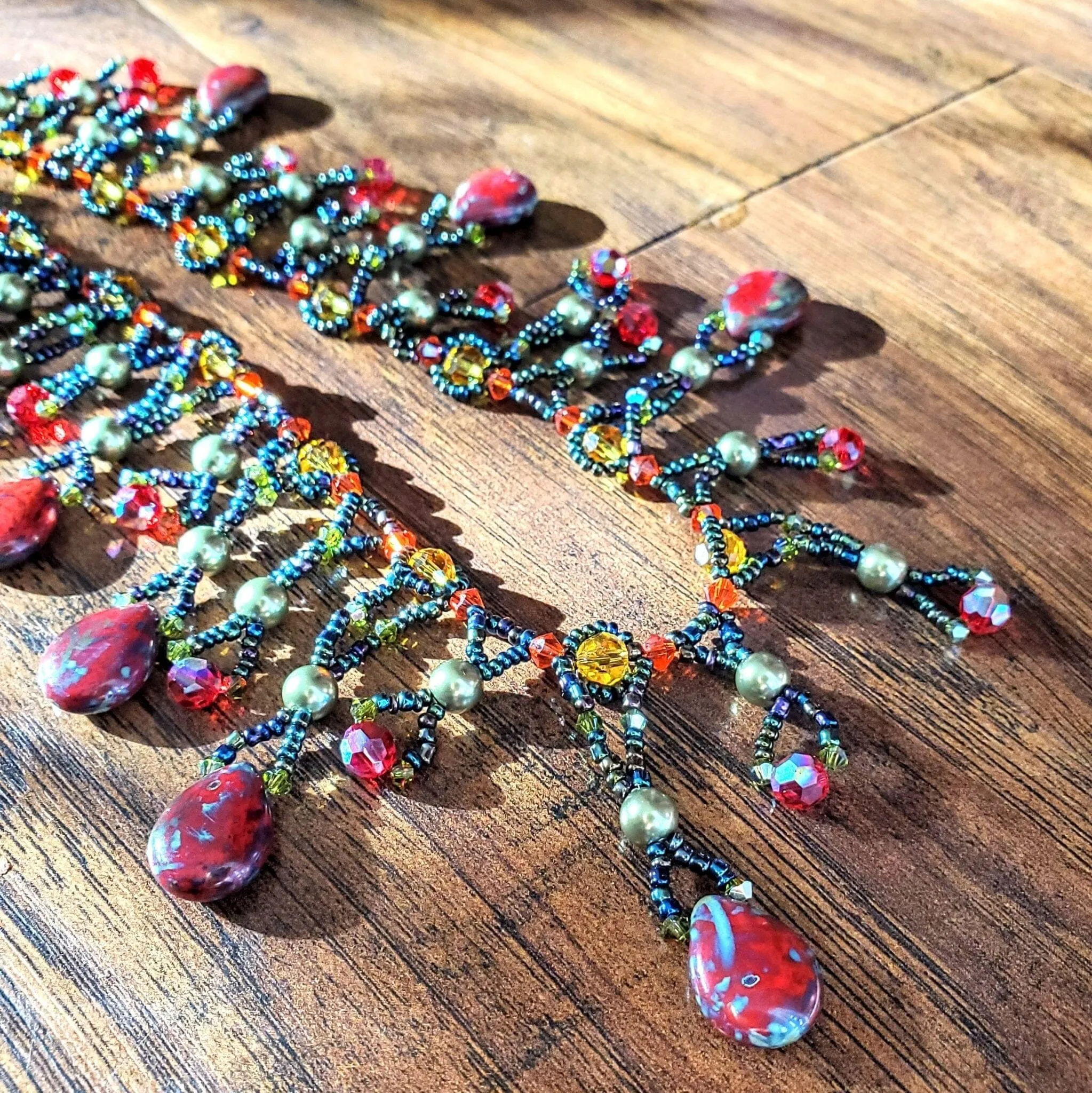 Sparkly Beaded Red and Green Waterfall Statement Necklace