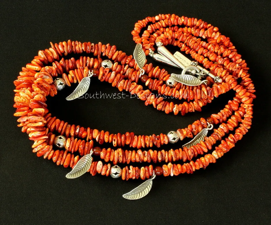 Spiny Oyster Shell Nugget 3-Strand Necklace with Carnelian Rounds, Sterling Silver Leaf Charms, and Sterling Beads, Cones & Toggle Clasp