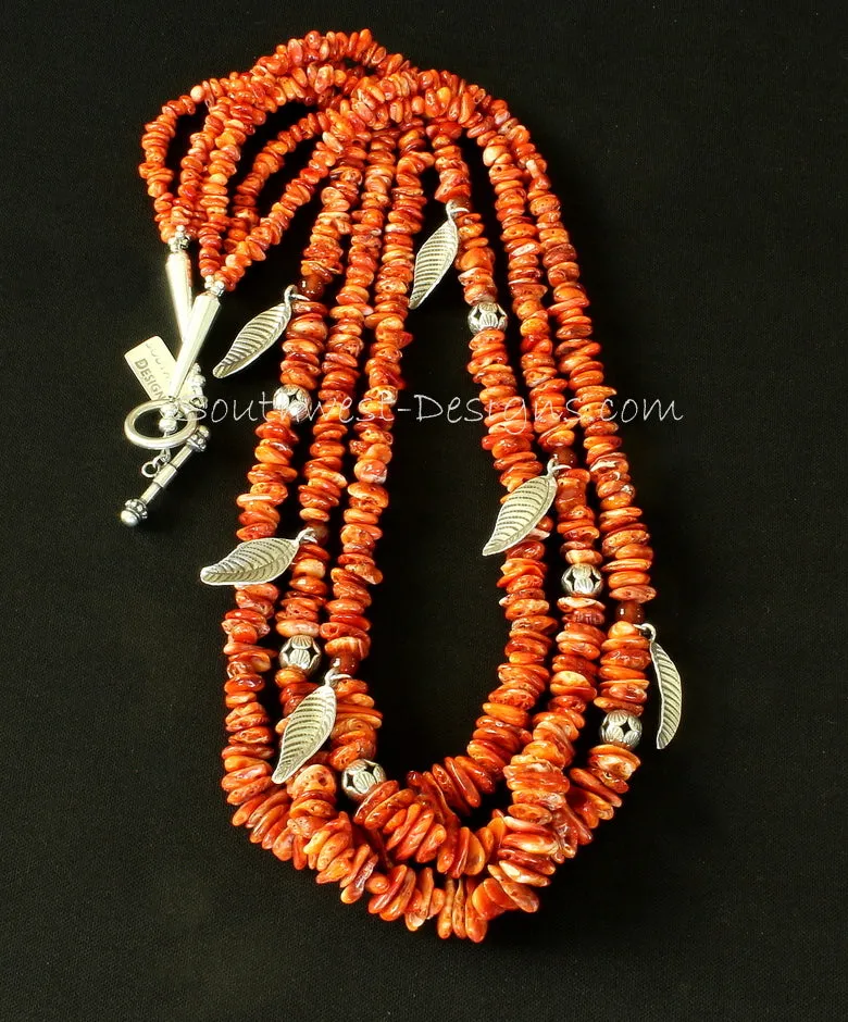 Spiny Oyster Shell Nugget 3-Strand Necklace with Carnelian Rounds, Sterling Silver Leaf Charms, and Sterling Beads, Cones & Toggle Clasp