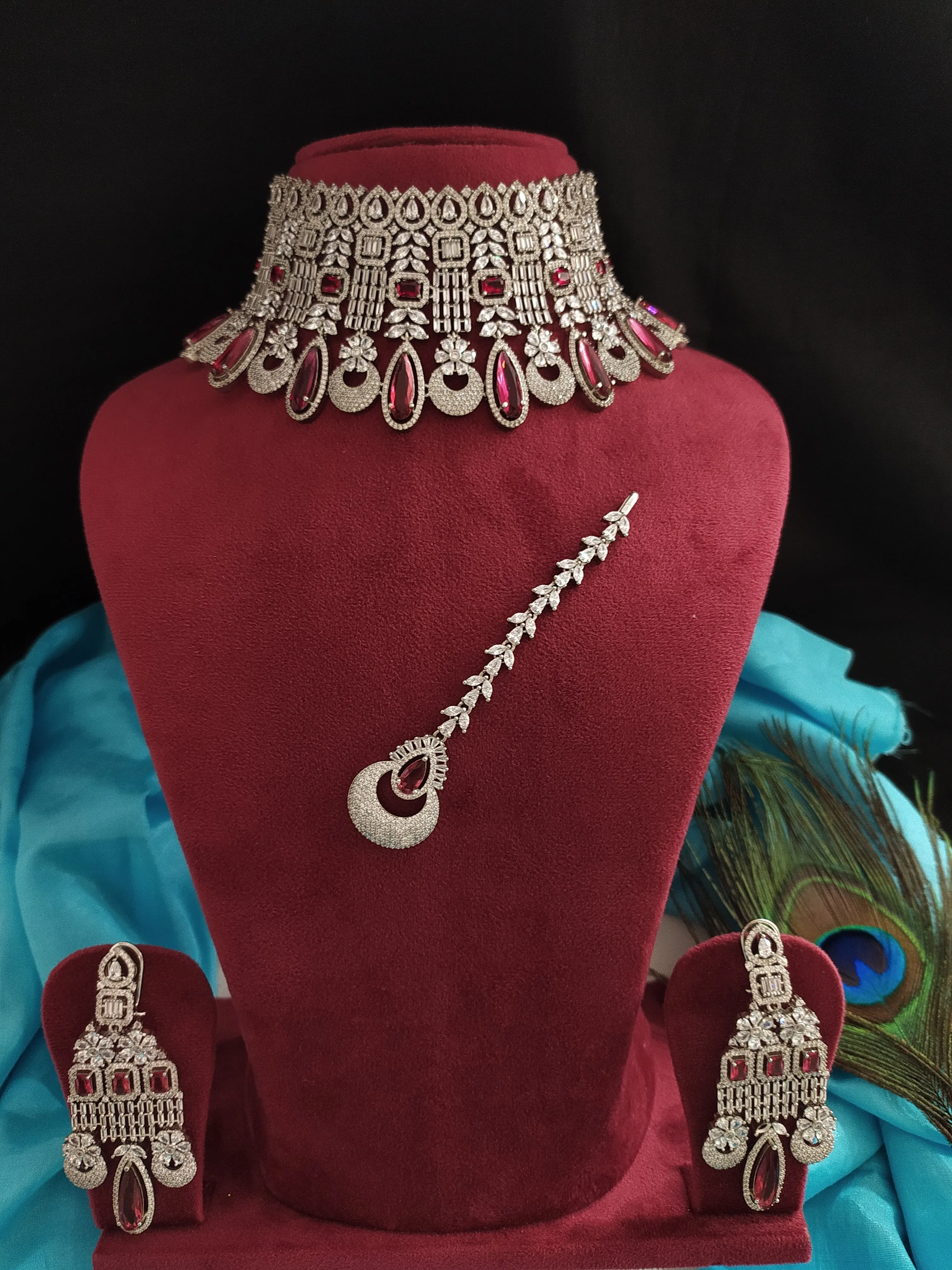 Splendid Bridal Choker set with jewelry accessories in Ruby Color Stones