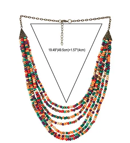 Statement Collar Choker Necklace Multi-Strand Colorful Wood Beads Charms Pendant Dress Boho Ethnic