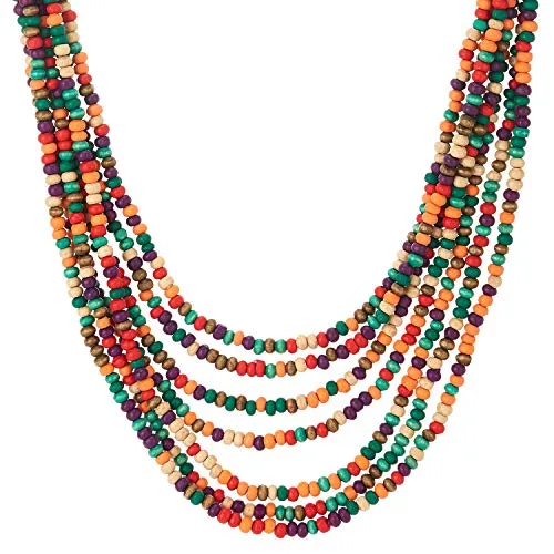 Statement Collar Choker Necklace Multi-Strand Colorful Wood Beads Charms Pendant Dress Boho Ethnic