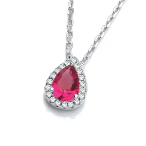 Sterling Silver Teardrop Halo Ruby CZ Necklace