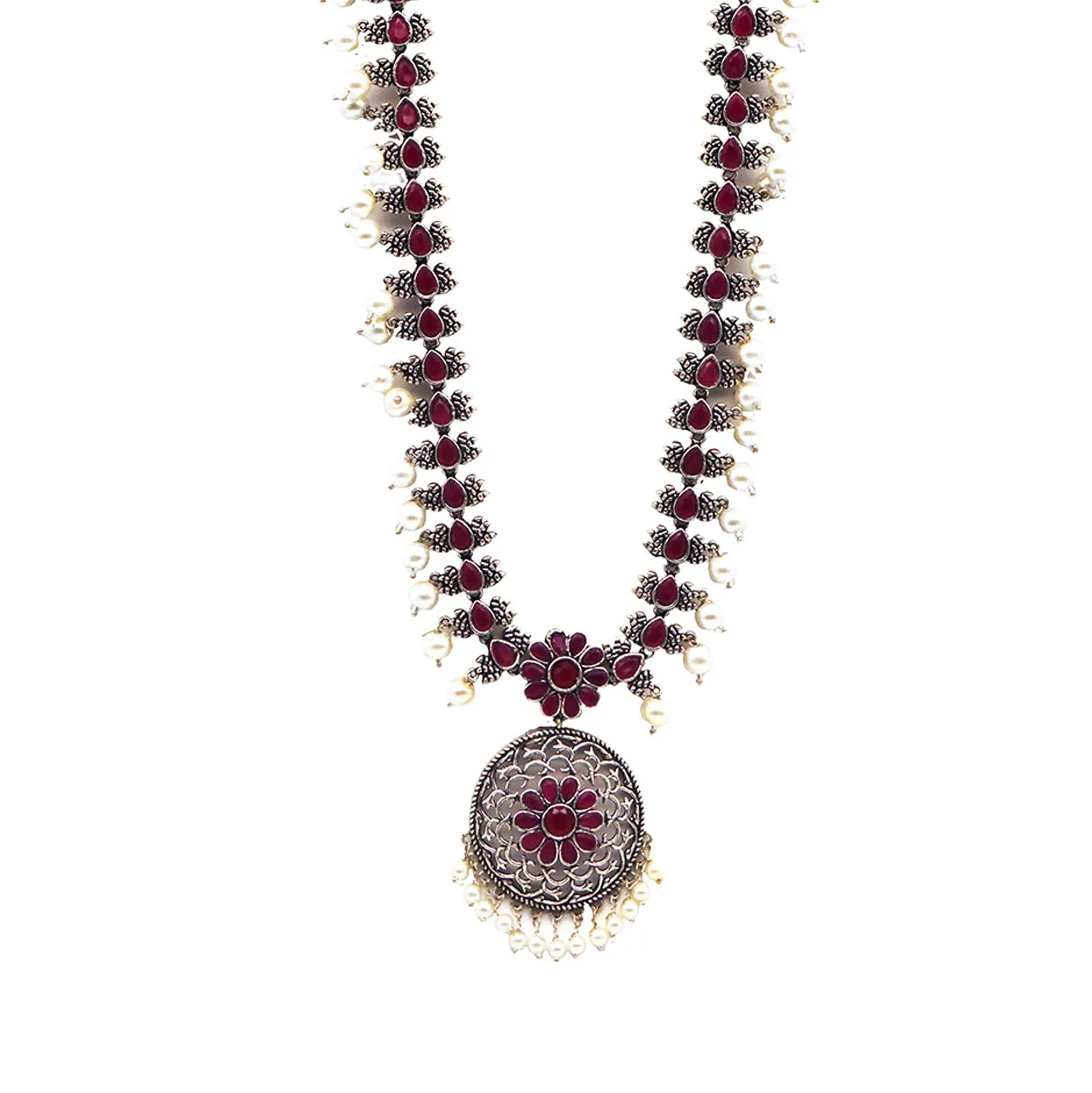 TEEJH Aanika Red Stone Floral Necklace Set For Women