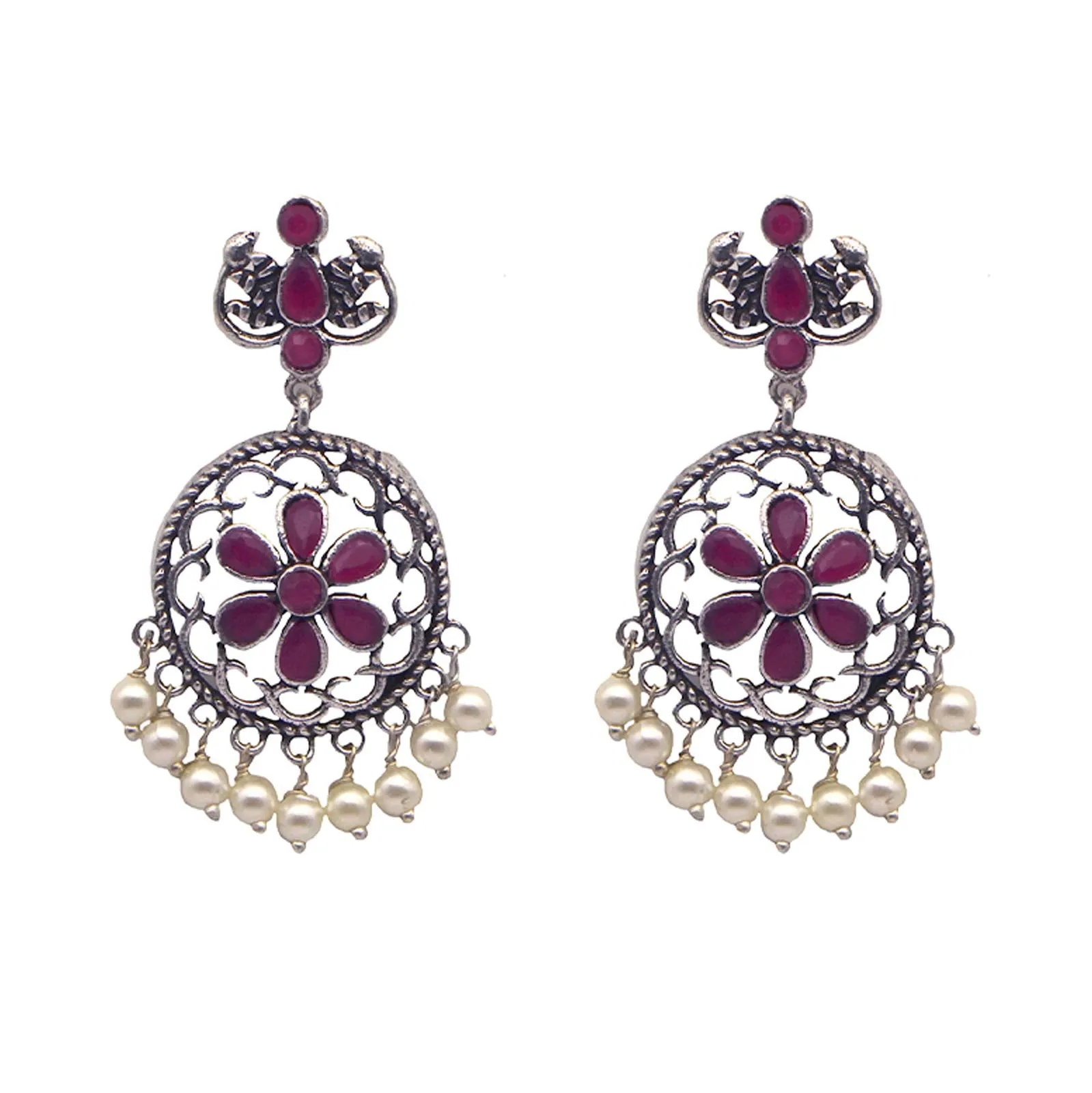 TEEJH Aanika Red Stone Floral Necklace Set For Women