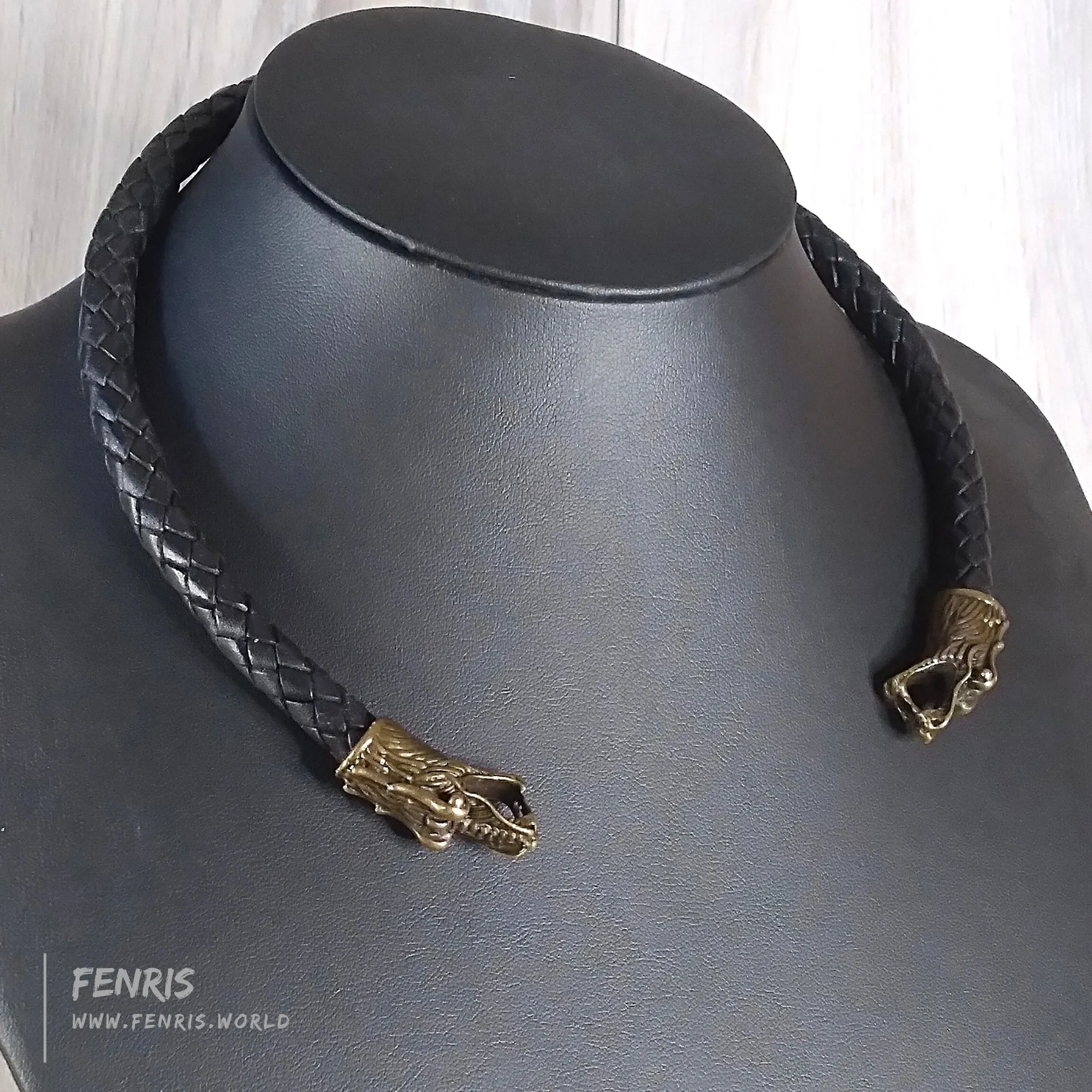 Torc Bronze Dragon Black Leather Viking Style | Fenris