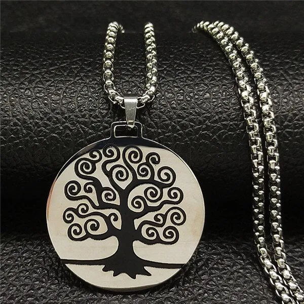 Tree of Life Enamel Stainless Steel Chain Necklaces for Men Women Silver Color Necklace Jewelry