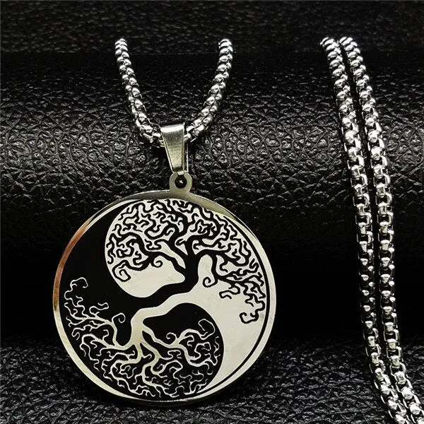 Tree of Life Enamel Stainless Steel Chain Necklaces for Men Women Silver Color Necklace Jewelry