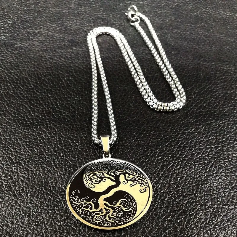 Tree of Life Enamel Stainless Steel Chain Necklaces for Men Women Silver Color Necklace Jewelry