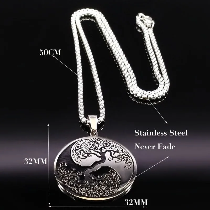 Tree of Life Enamel Stainless Steel Chain Necklaces for Men Women Silver Color Necklace Jewelry