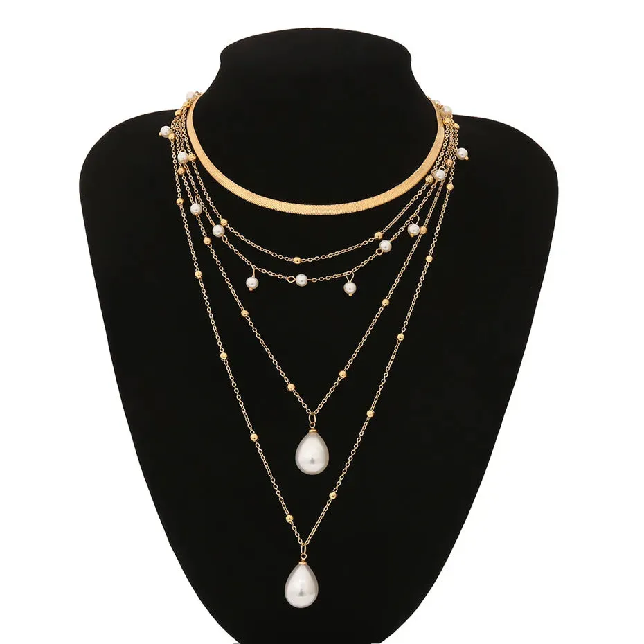 VAIGE Elegant Gold and White Pearl Tassel Lariat Necklace