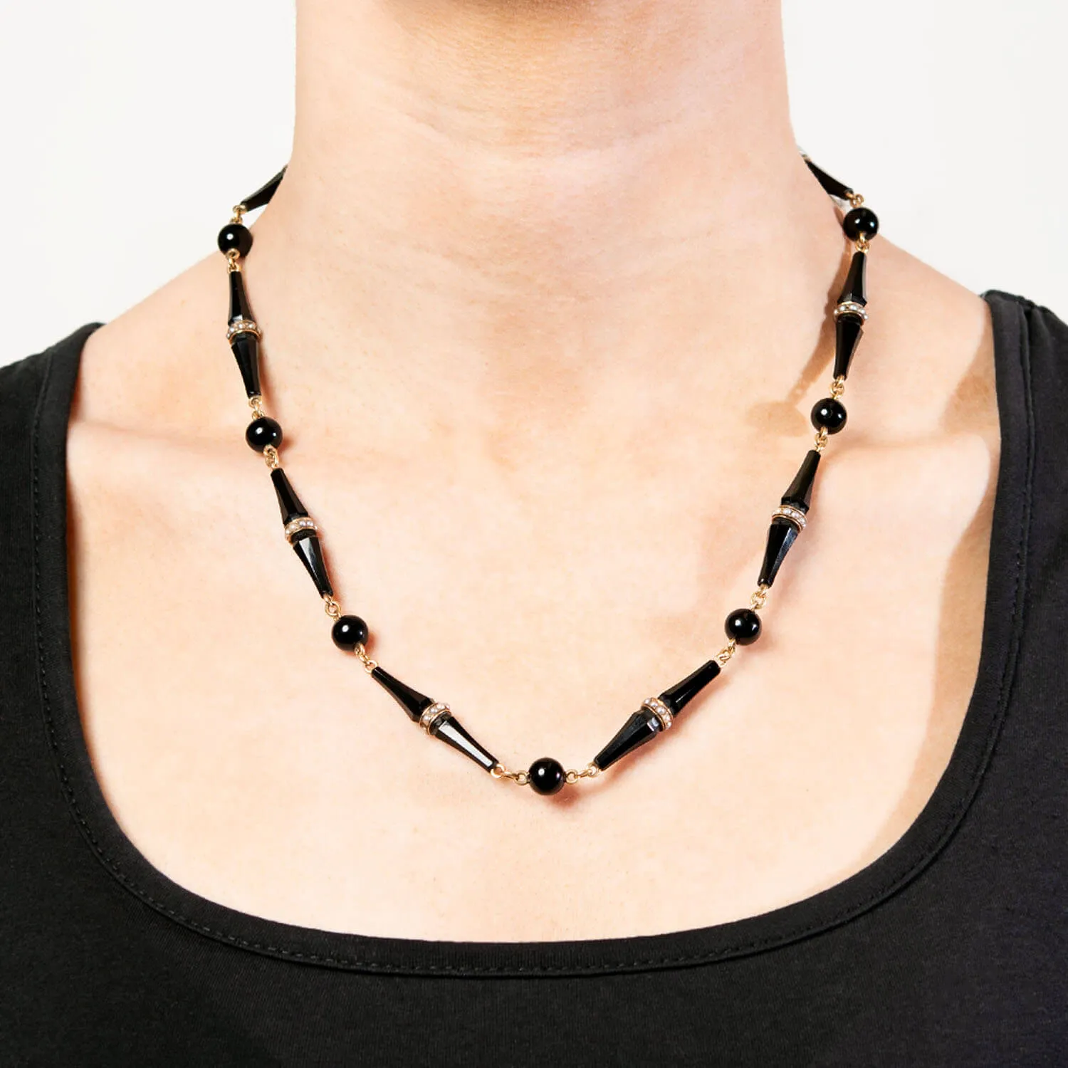 Victorian 14k Onyx and Seed Pearl Necklace