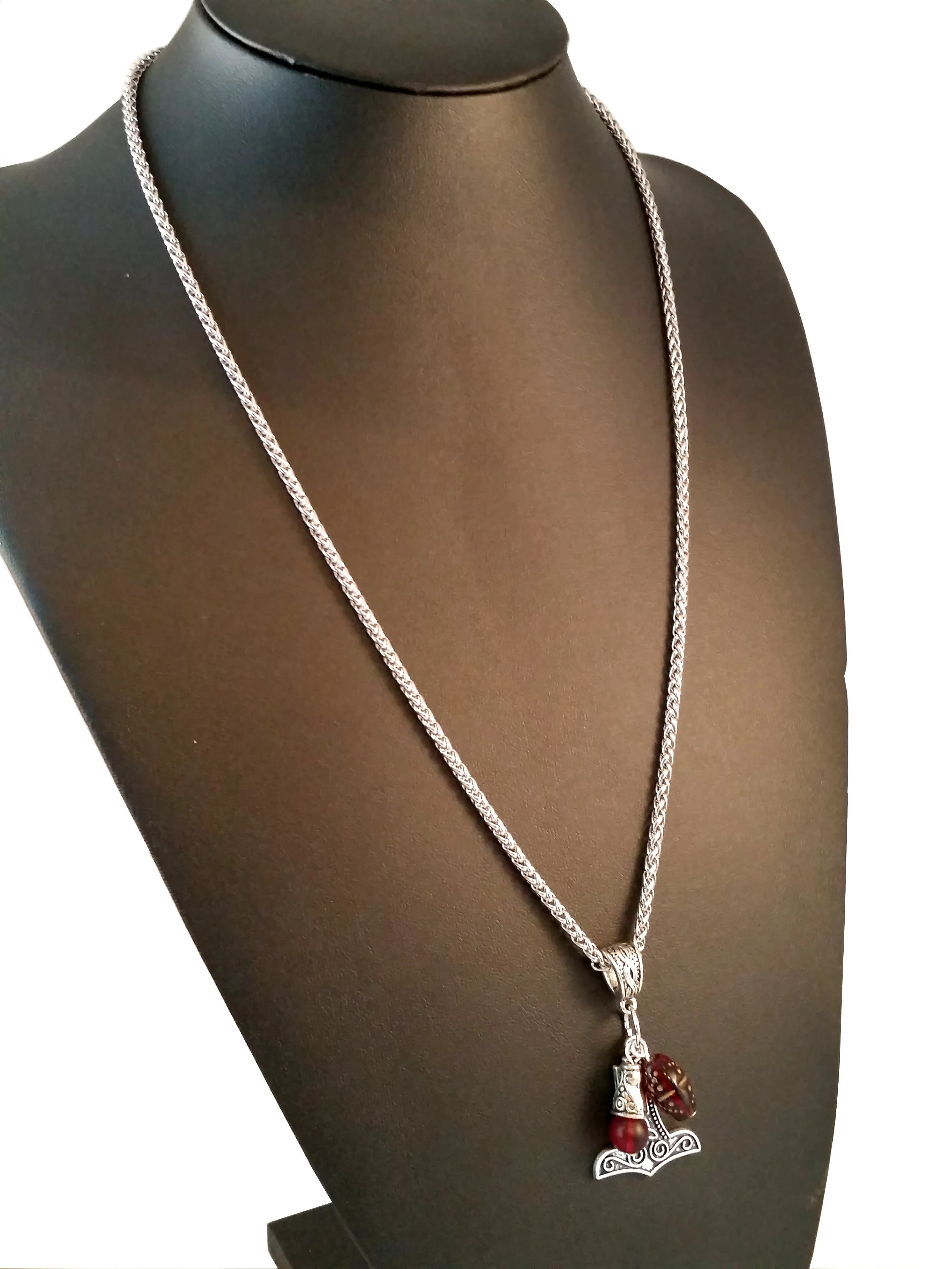 Viking Thor's Hammer Necklace Silver Red Glass Beads LARP