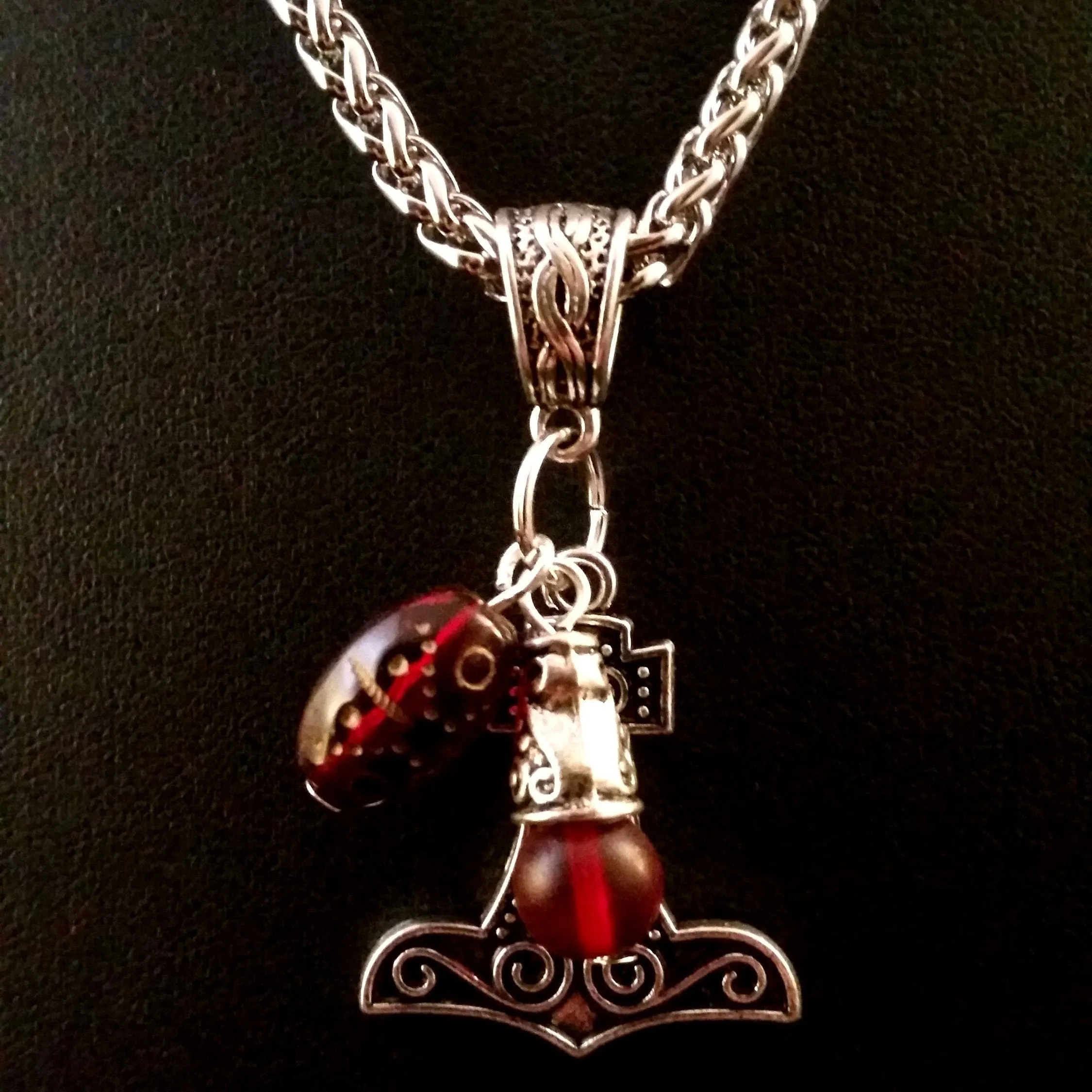 Viking Thor's Hammer Necklace Silver Red Glass Beads LARP