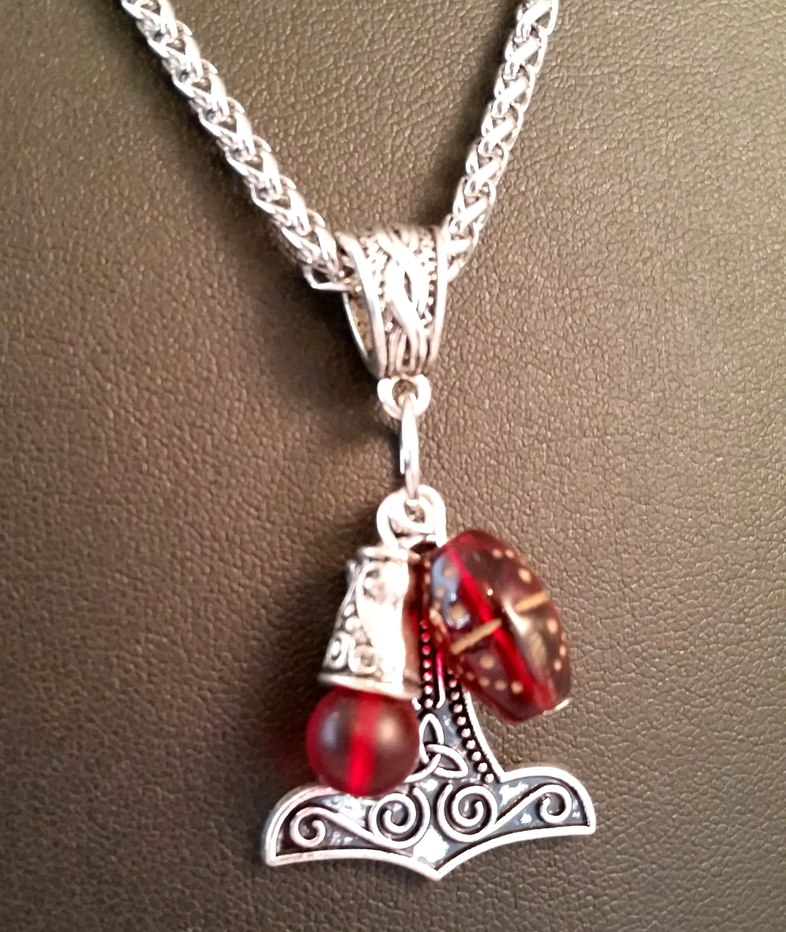 Viking Thor's Hammer Necklace Silver Red Glass Beads LARP