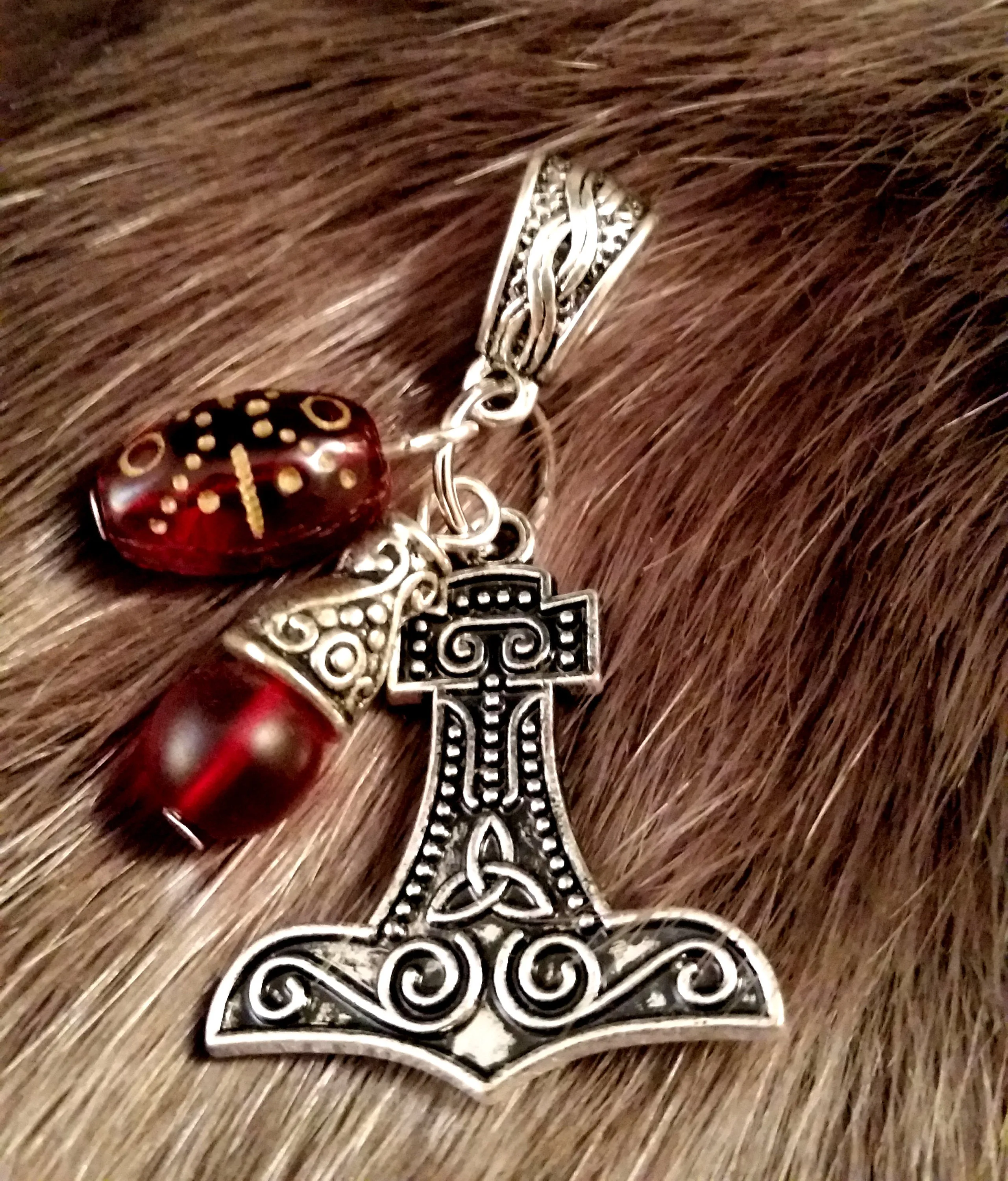 Viking Thor's Hammer Necklace Silver Red Glass Beads LARP