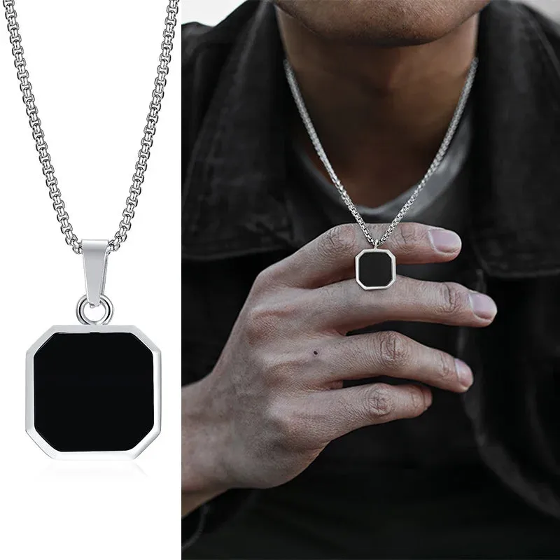 Vnox Geometric Square Necklaces for Men, Enamel Square Pendant with Rope Cuban Figaro Box Chain, Casual Vintage Cool Collar