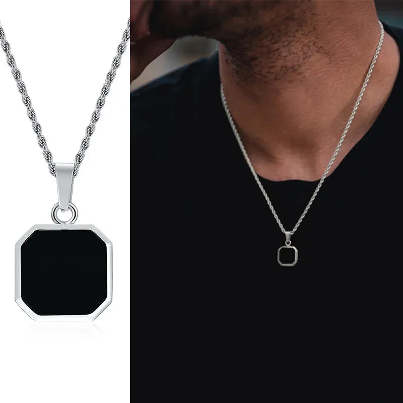 Vnox Geometric Square Necklaces for Men, Enamel Square Pendant with Rope Cuban Figaro Box Chain, Casual Vintage Cool Collar