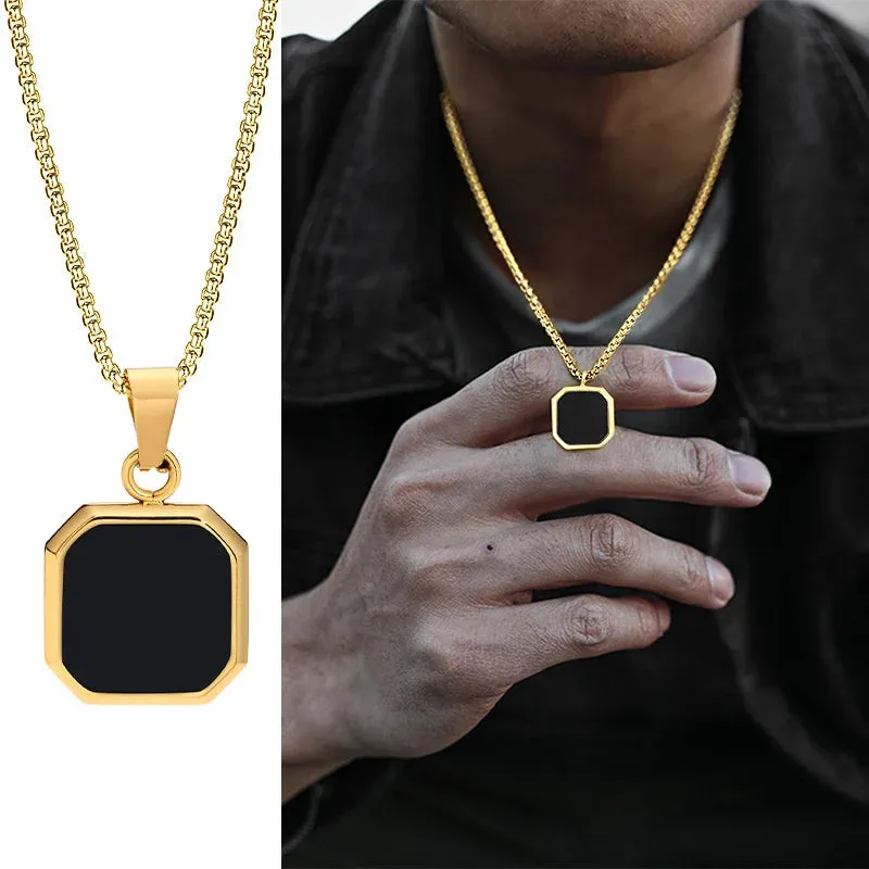 Vnox Geometric Square Necklaces for Men, Enamel Square Pendant with Rope Cuban Figaro Box Chain, Casual Vintage Cool Collar