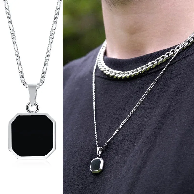 Vnox Geometric Square Necklaces for Men, Enamel Square Pendant with Rope Cuban Figaro Box Chain, Casual Vintage Cool Collar