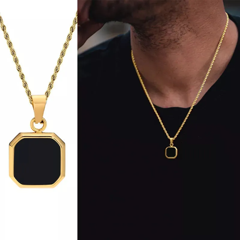 Vnox Geometric Square Necklaces for Men, Enamel Square Pendant with Rope Cuban Figaro Box Chain, Casual Vintage Cool Collar