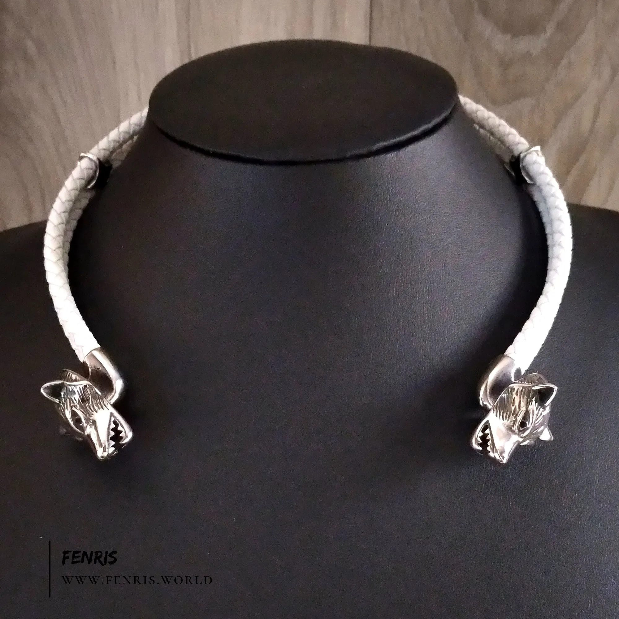 Wolf Torc Silver White Leather Double Band | Fenris