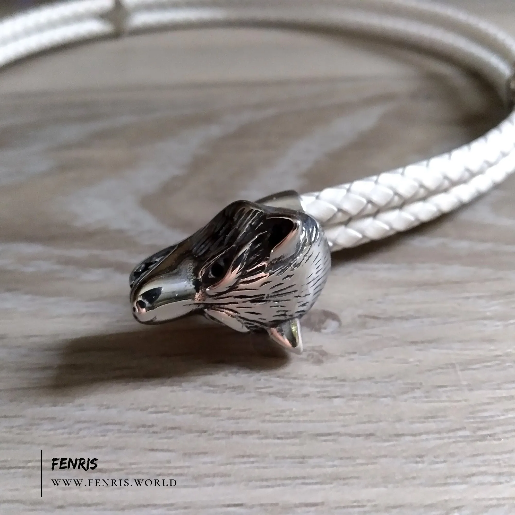 Wolf Torc Silver White Leather Double Band | Fenris