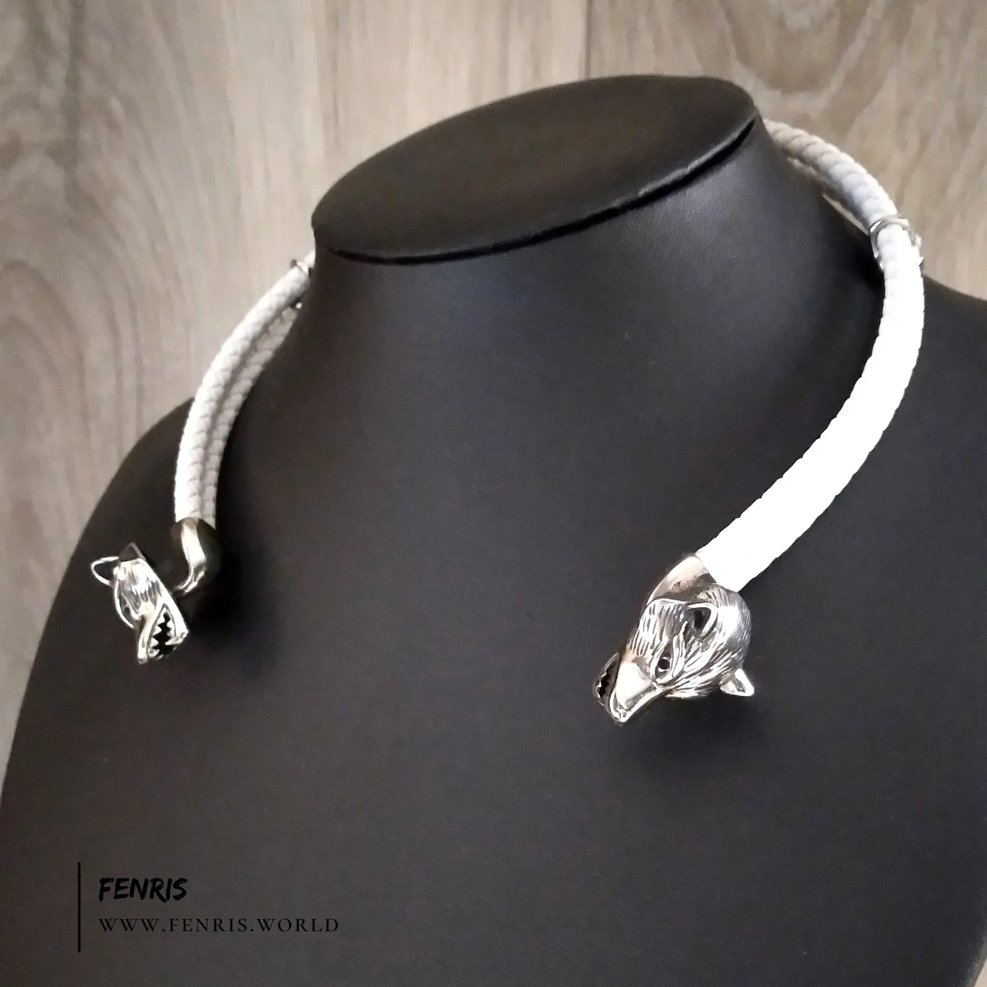 Wolf Torc Silver White Leather Double Band | Fenris