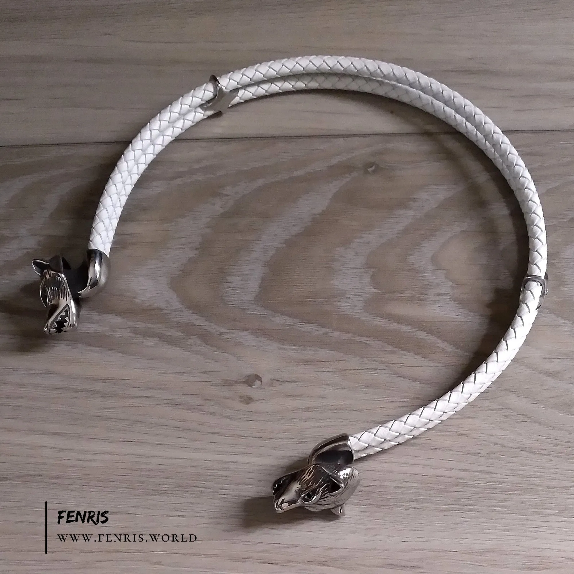 Wolf Torc Silver White Leather Double Band | Fenris