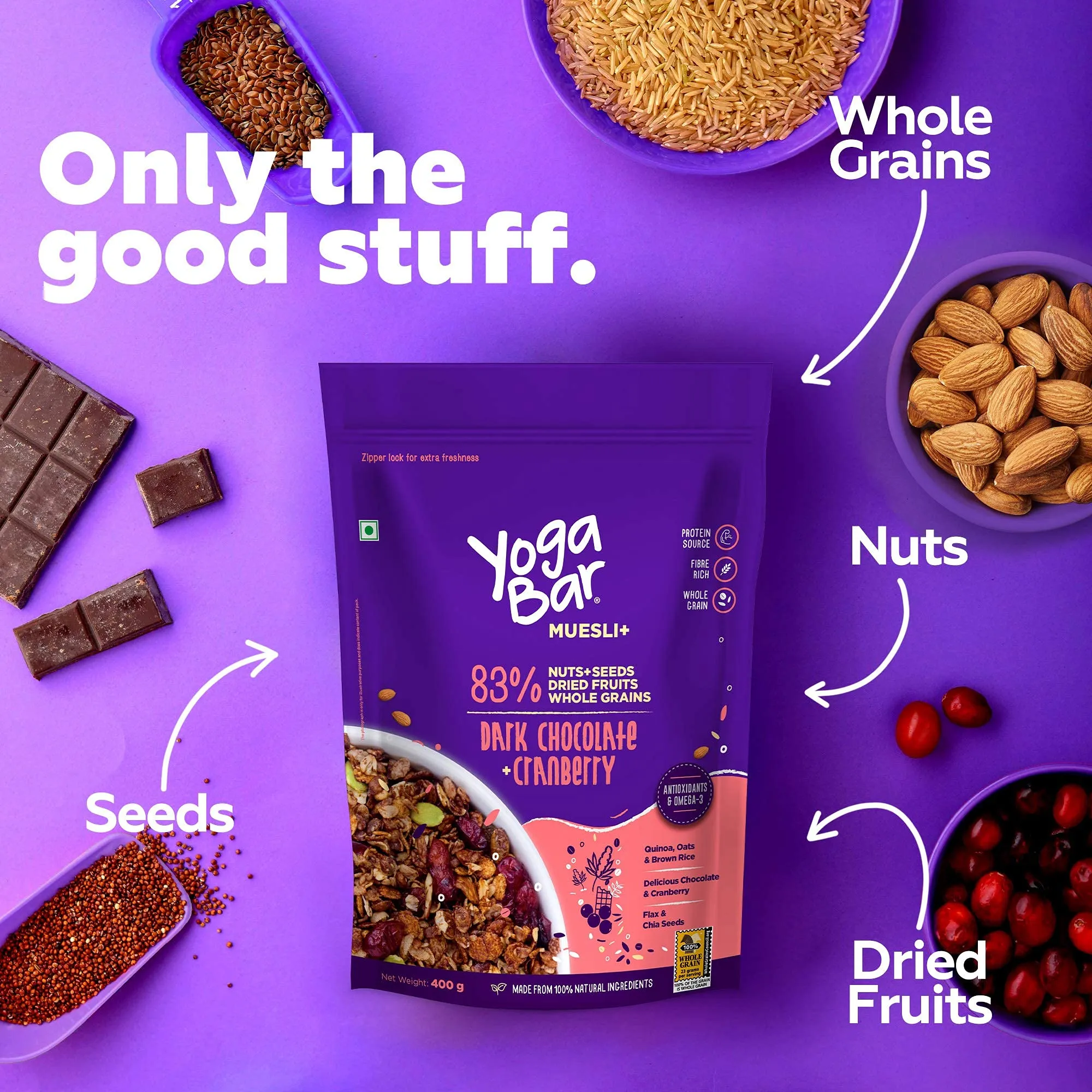 Yogabar Wholegrain Breakfast Muesli Combo | Fruits, Nuts and Seeds 700gm | Dark Chocolate Cranberry 700gm | Nuts   Seeds, Dried Fruits, Whole Grains