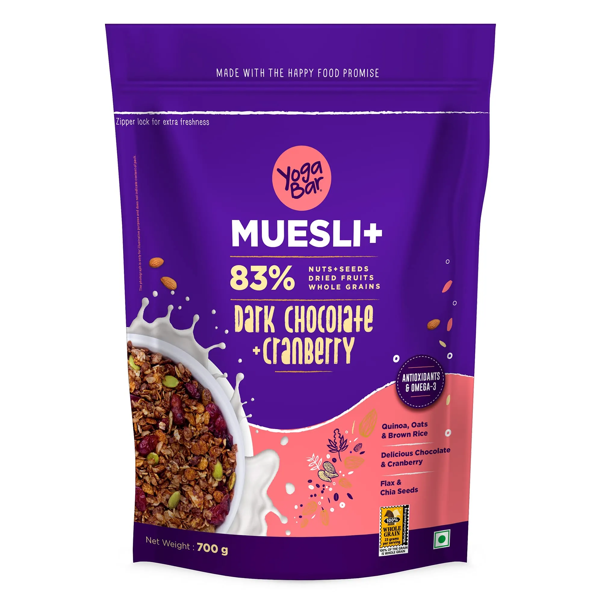 Yogabar Wholegrain Breakfast Muesli Combo | Fruits, Nuts and Seeds 700gm | Dark Chocolate Cranberry 700gm | Nuts   Seeds, Dried Fruits, Whole Grains