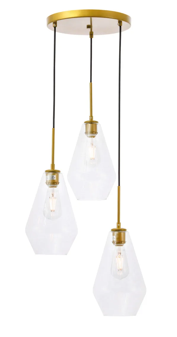 ZC121-LD2262BR - Living District: Gene 3 light Brass and Clear glass pendant